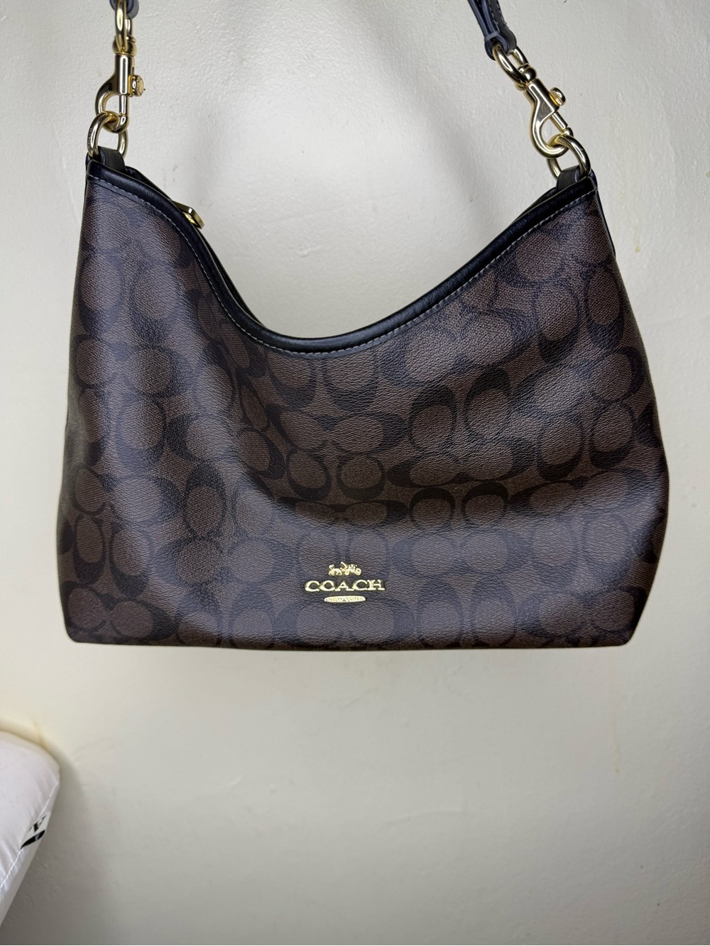 Coach Brown Signature Monogram Hobo with Black Trim and Gold Hardware
